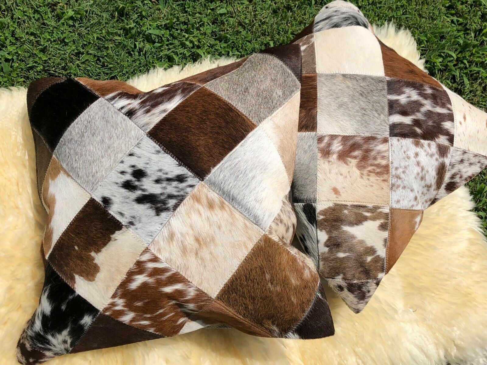 Cowhide Pillows Cushion Covers Leather Real Cow Hide Skin Patchwork 16" x 16" (Set of 2 Covers) 24Hr Smart